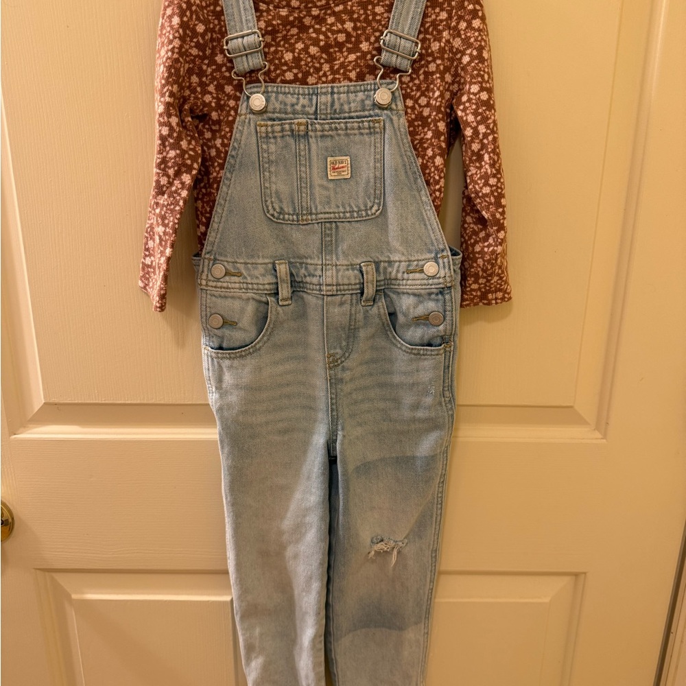 Old Navy 4T Light Blue Denim Overalls with Brown Floral Top and Additional Top